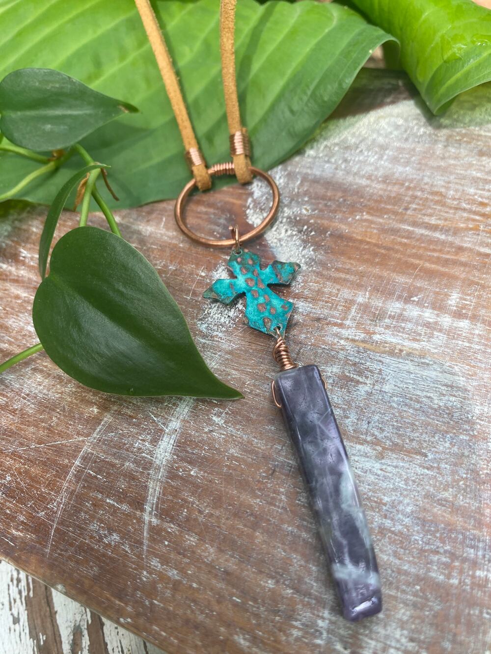 Amethyst Point Pantinated Cross 24in Leather Necklace